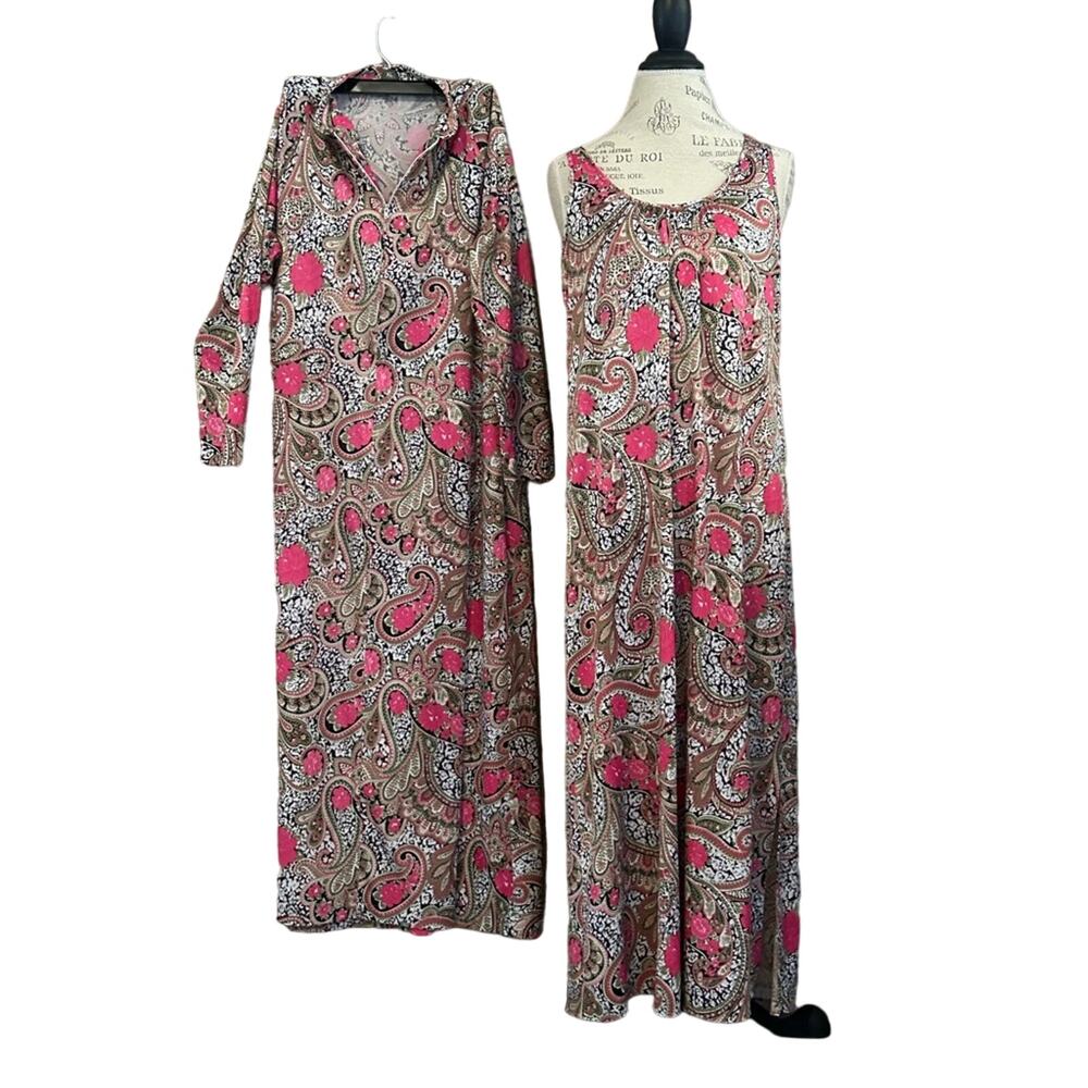 Travel-Lite vintage dressing gown and robe set 60s pink paisley brown sz M